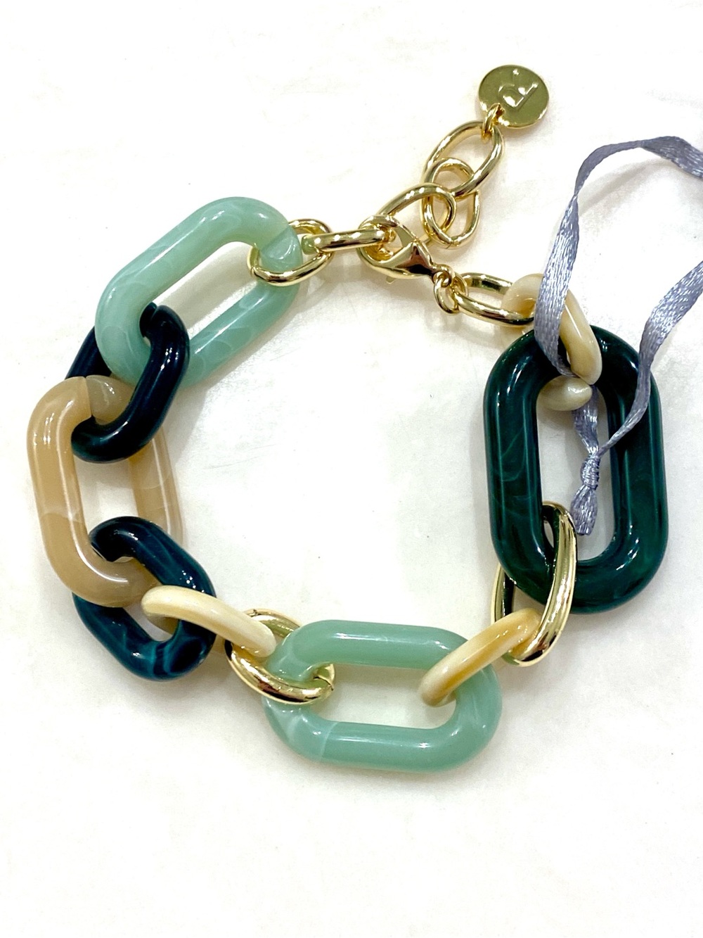 Denis & Charles RUSH Chunky Acrylic Link Bracelet Green Cream Gold Chain